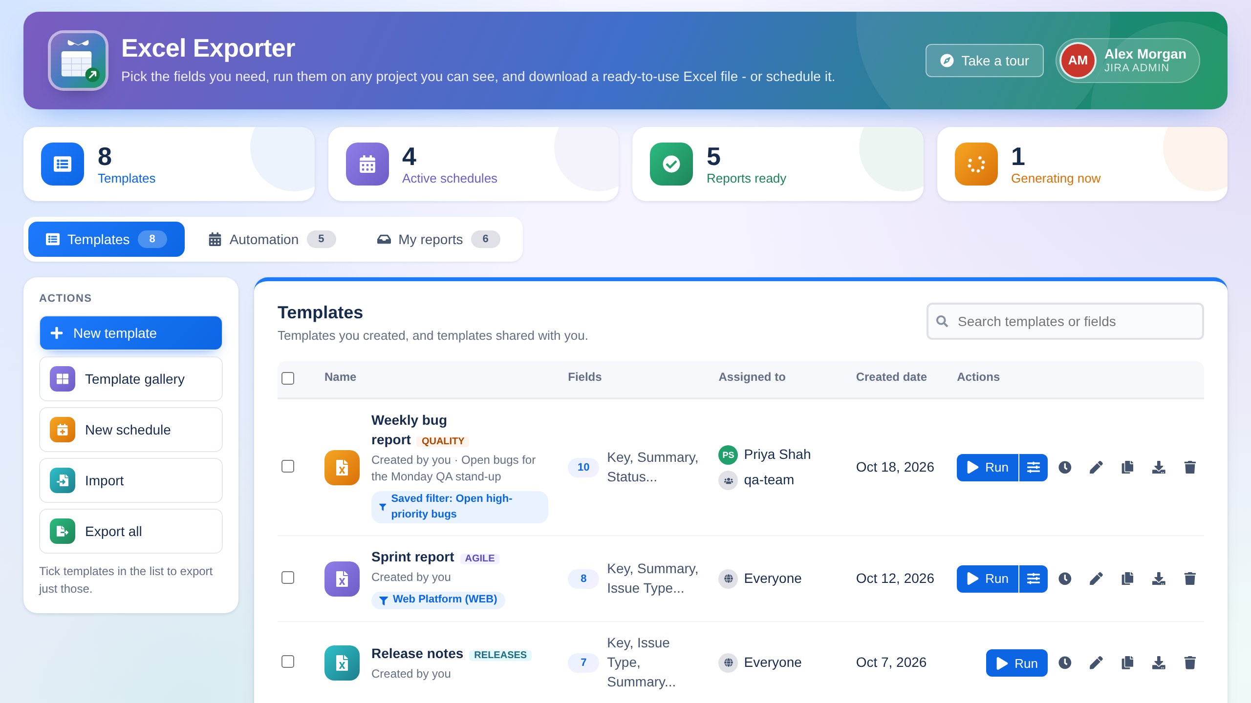 Excel Exporter in Jira: the Templates tab with saved templates and Run buttons